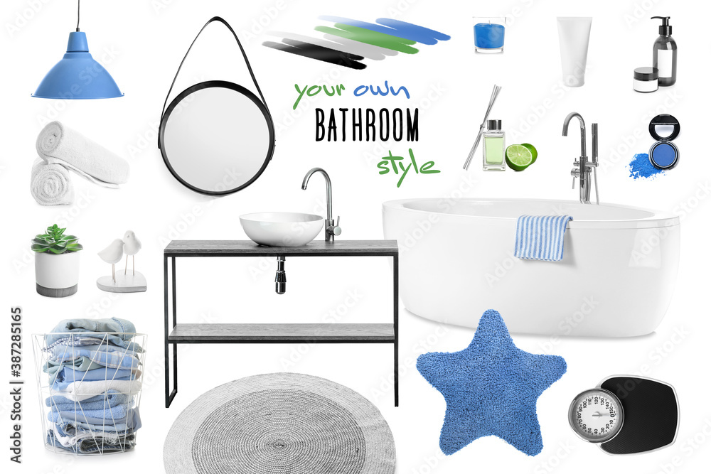 Collage with different elements of bathroom interior on white background