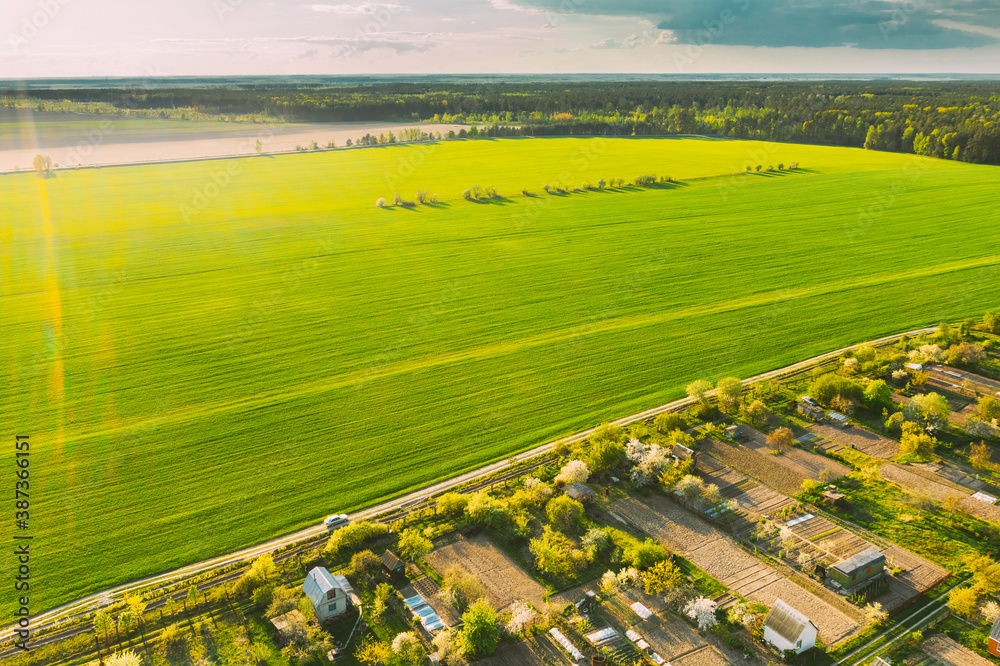 Countryside Rural Landscape With Small Village, Gardens And Green Field In Spring Summer Day. Elevat