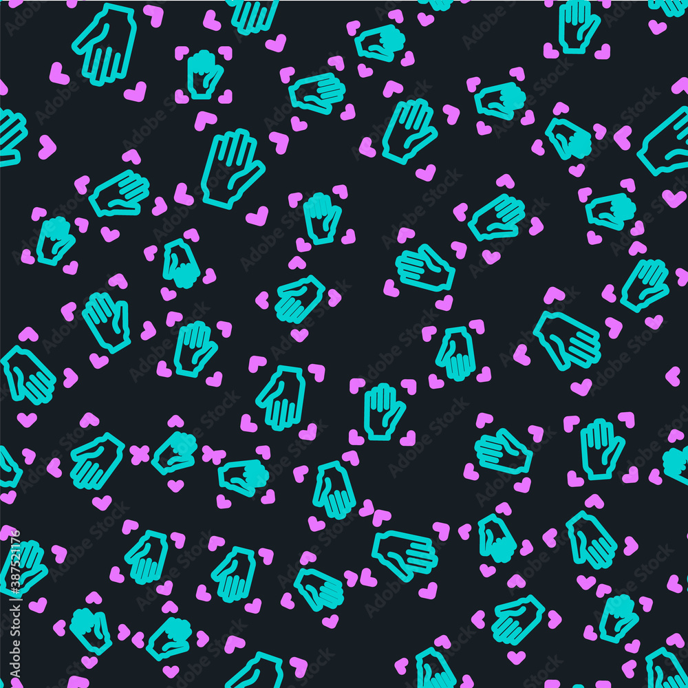 Line Palm print recognition icon isolated seamless pattern on black background. Biometric hand scan.