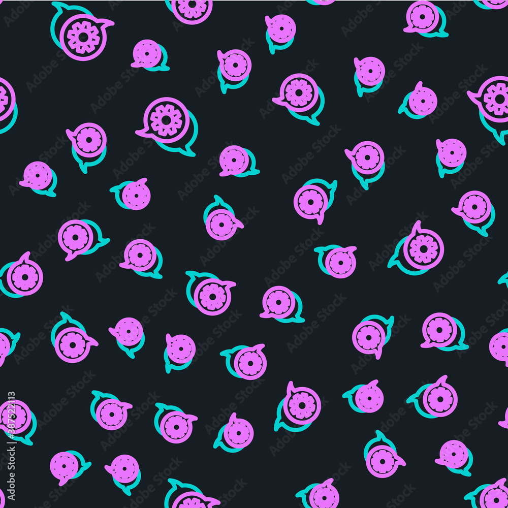 Line Speech bubble chat icon isolated seamless pattern on black background. Message icon. Communicat