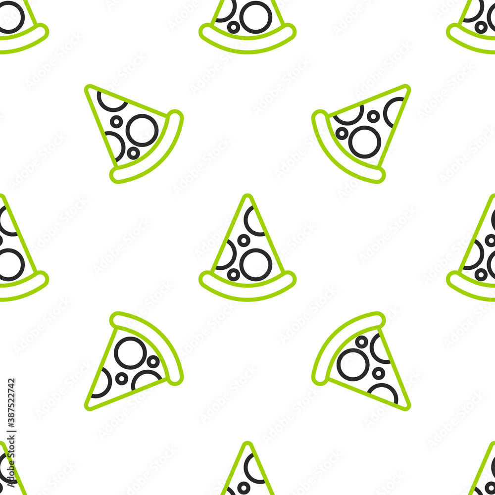 Line Slice of pizza icon isolated seamless pattern on white background. Fast food menu. Vector.