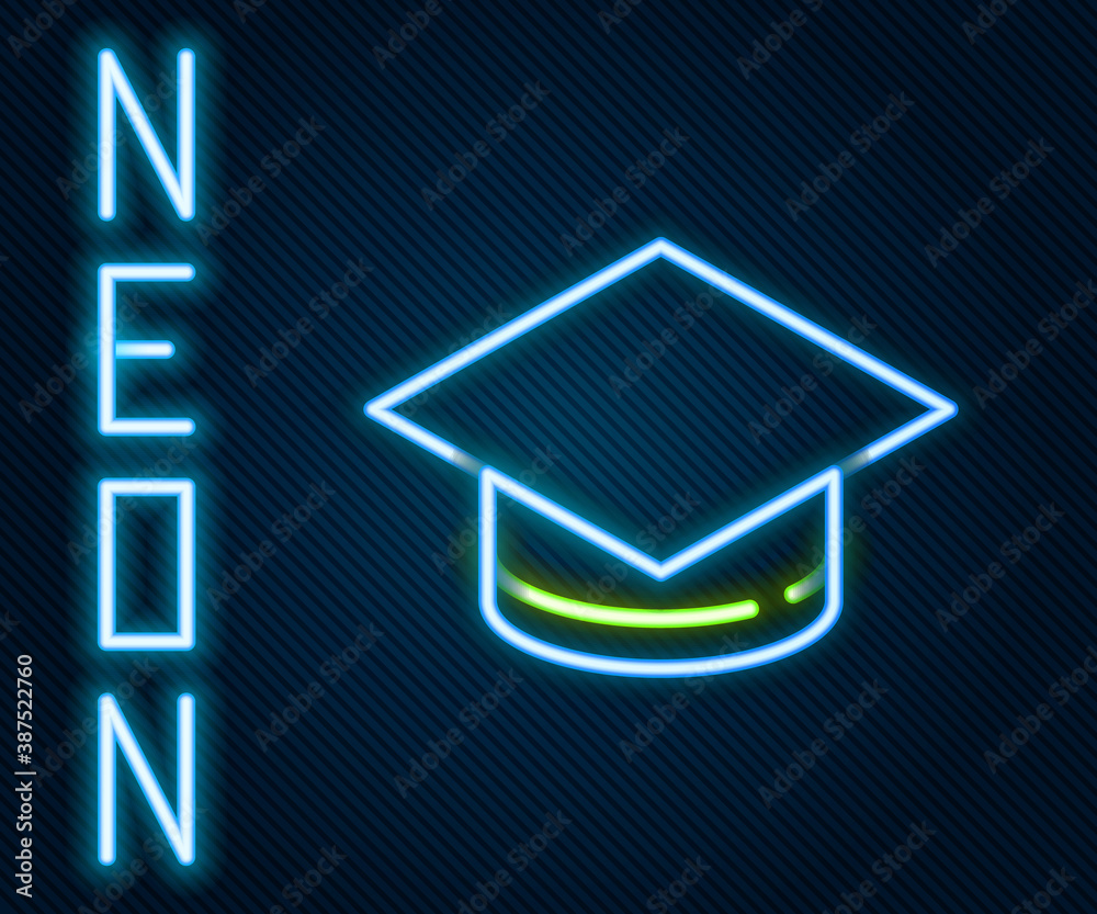 Glowing neon line Graduation cap icon isolated on black background. Graduation hat with tassel icon.