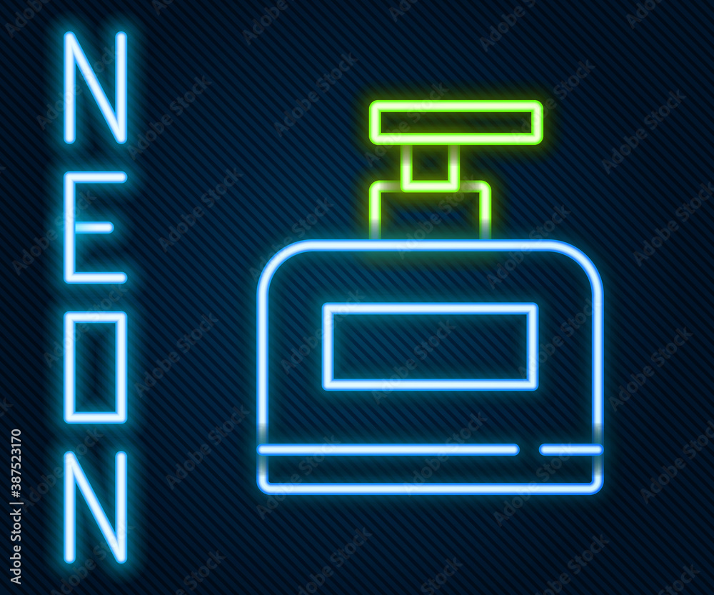 Glowing neon line Bottle of shampoo icon isolated on black background. Colorful outline concept. Vec