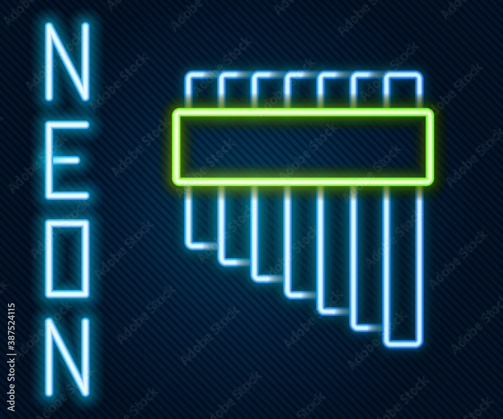 Glowing neon line Pan flute icon isolated on black background. Traditional peruvian musical instrume