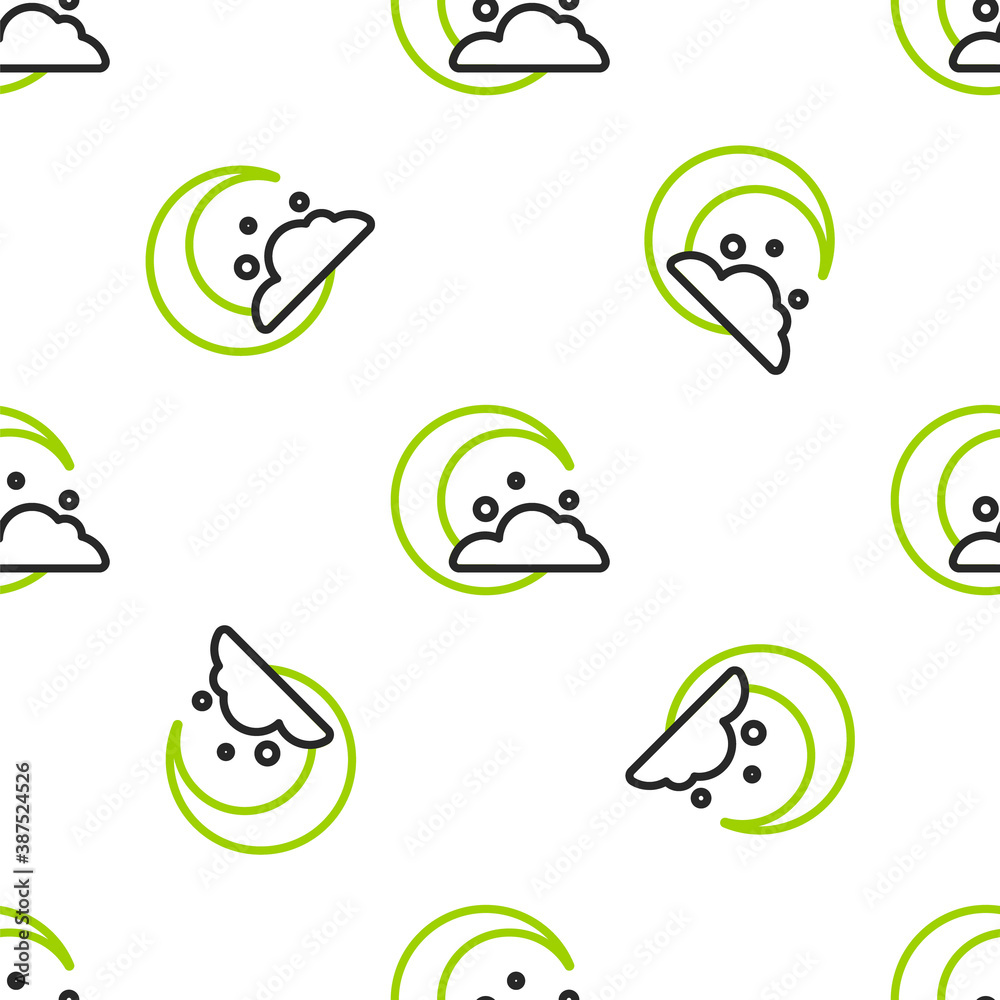 Line Moon and stars icon isolated seamless pattern on white background. Cloudy night sign. Sleep dre