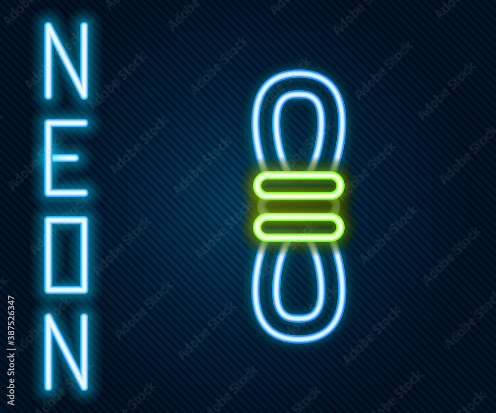 Glowing neon line Climber rope icon isolated on black background. Extreme sport. Sport equipment. Co