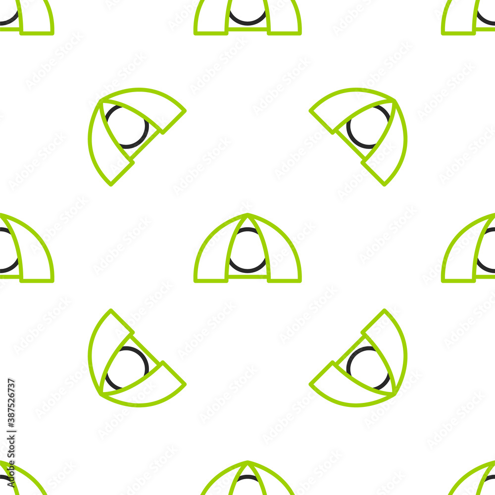 Line Tourist tent icon isolated seamless pattern on white background. Camping symbol. Vector.