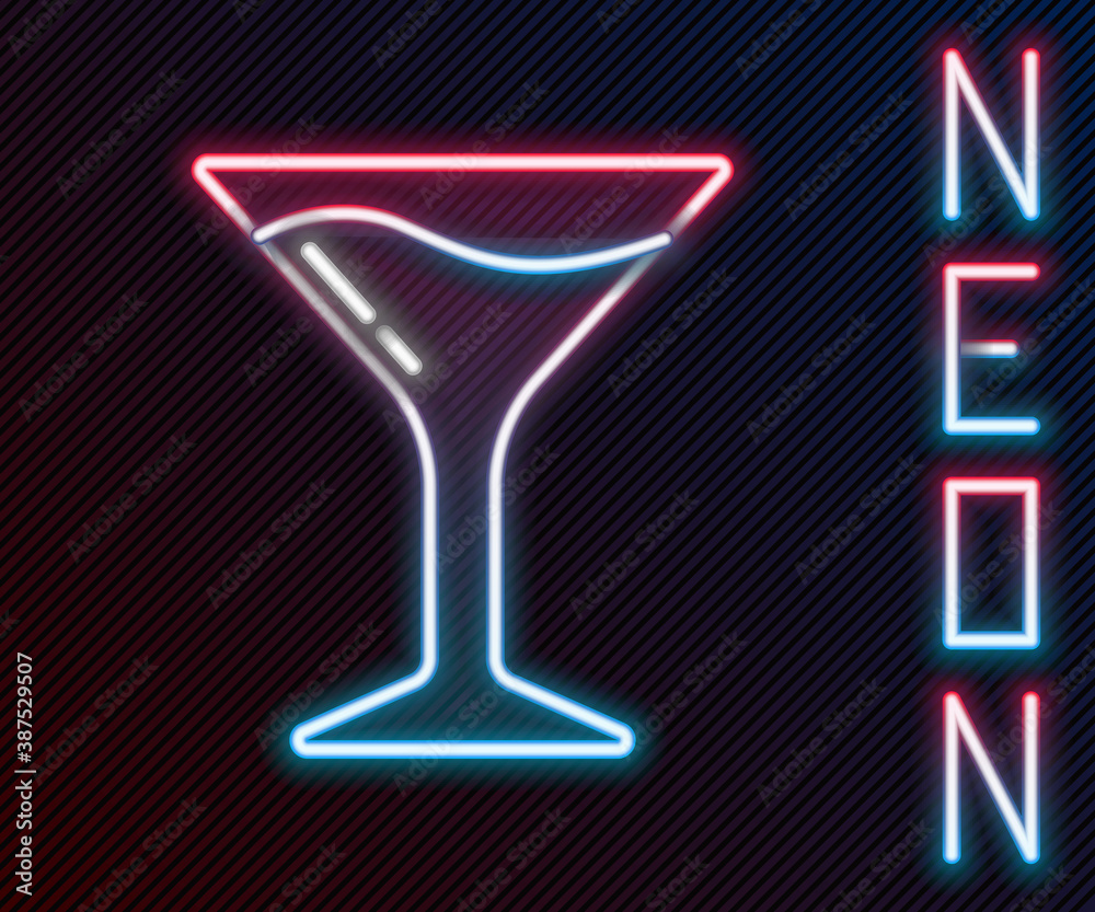 Glowing neon line Martini glass icon isolated on black background. Cocktail icon. Wine glass icon. C