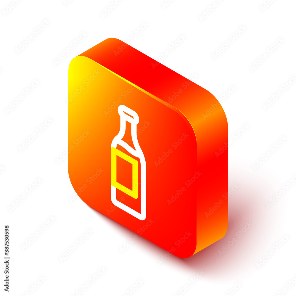 Isometric line Wine bottle icon isolated on white background. Orange square button. Vector.