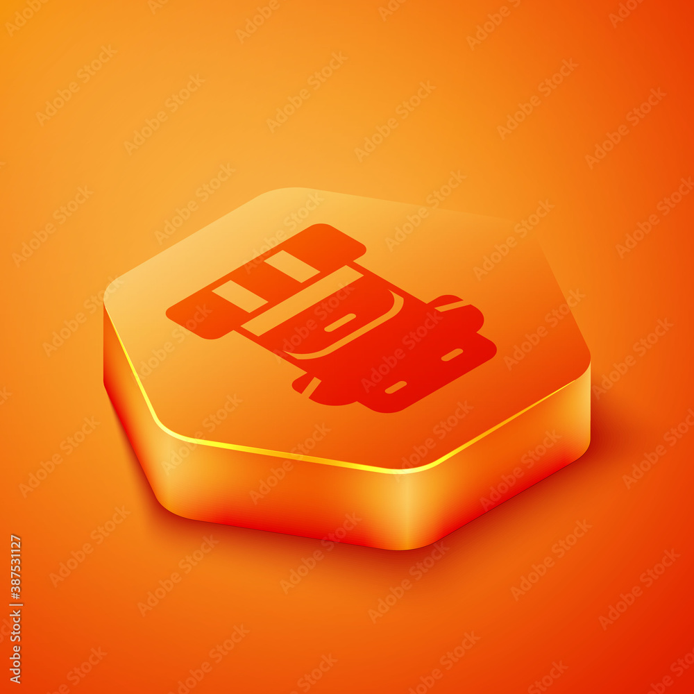 Isometric Hiking backpack icon isolated on orange background. Camping and mountain exploring backpac