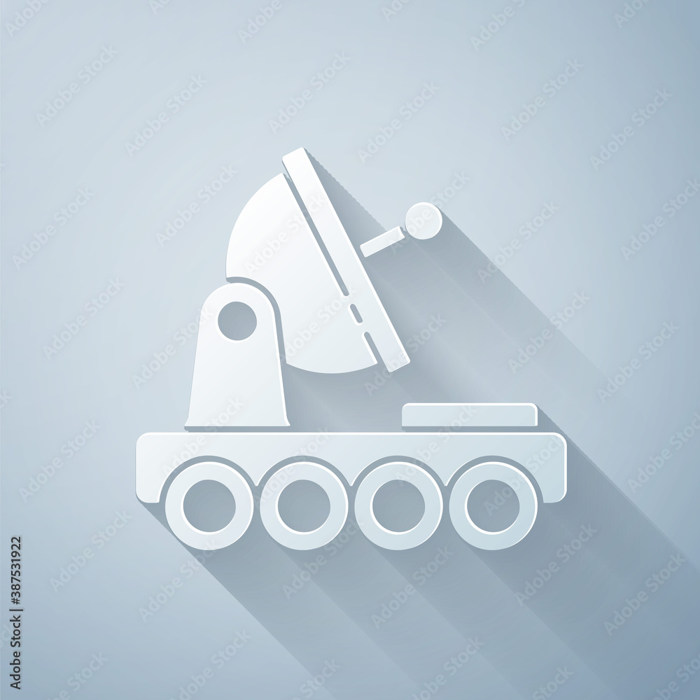 Paper cut Mars rover icon isolated on grey background. Space rover. Moonwalker sign. Apparatus for s