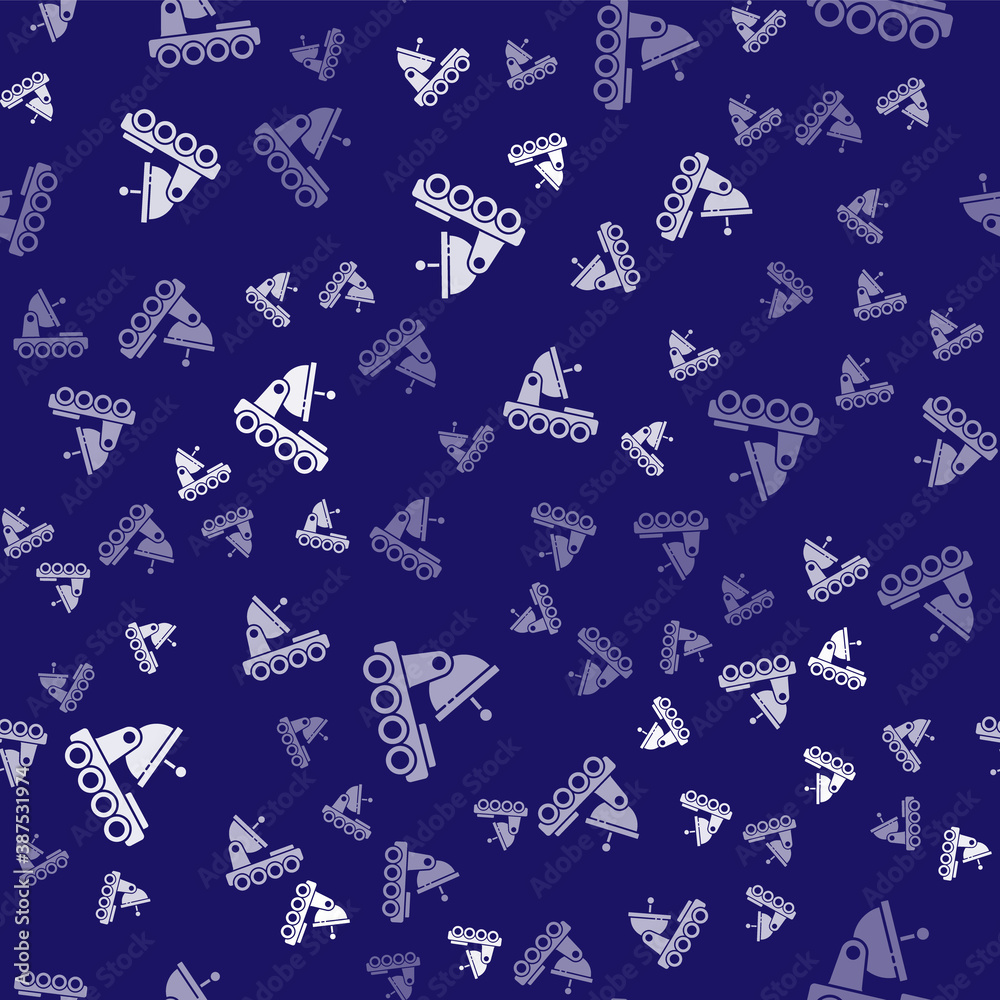 White Mars rover icon isolated seamless pattern on blue background. Space rover. Moonwalker sign. Ap