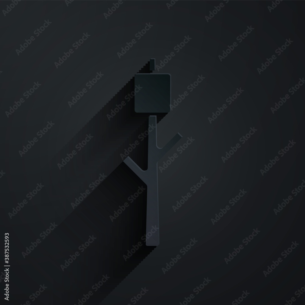 Paper cut Marshmallow on stick icon isolated on black background. Paper art style. Vector.