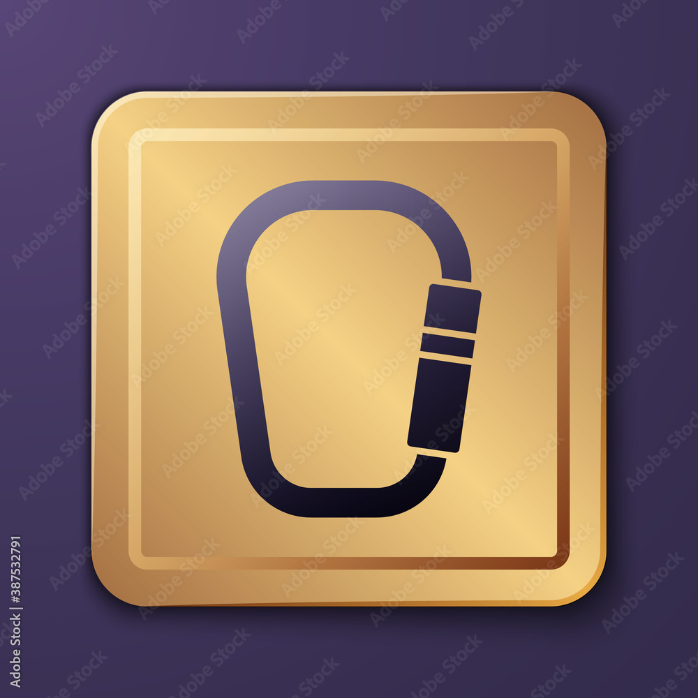 Purple Carabiner icon isolated on purple background. Extreme sport. Sport equipment. Gold square but