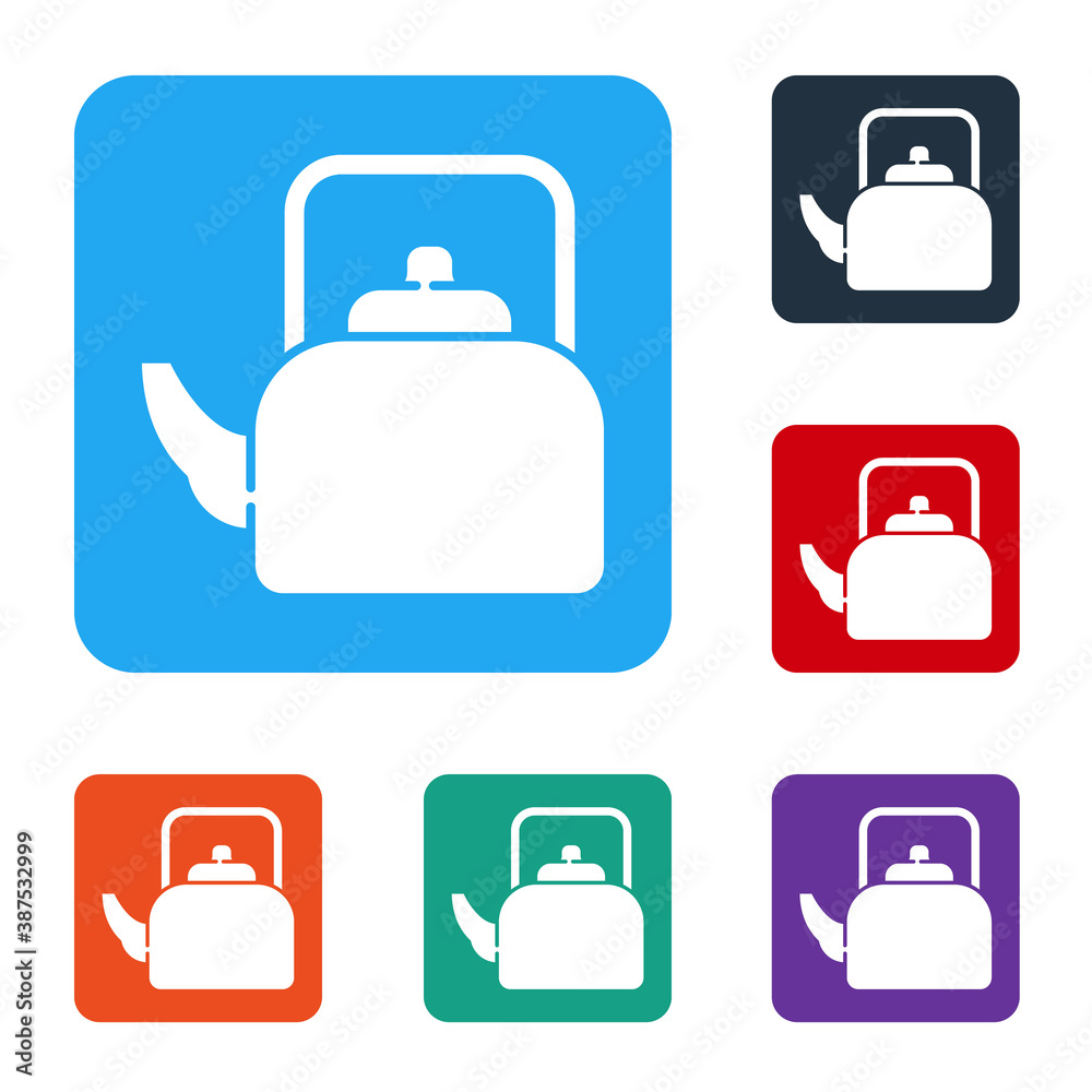 White Kettle with handle icon isolated on white background. Teapot icon. Set icons in color square b