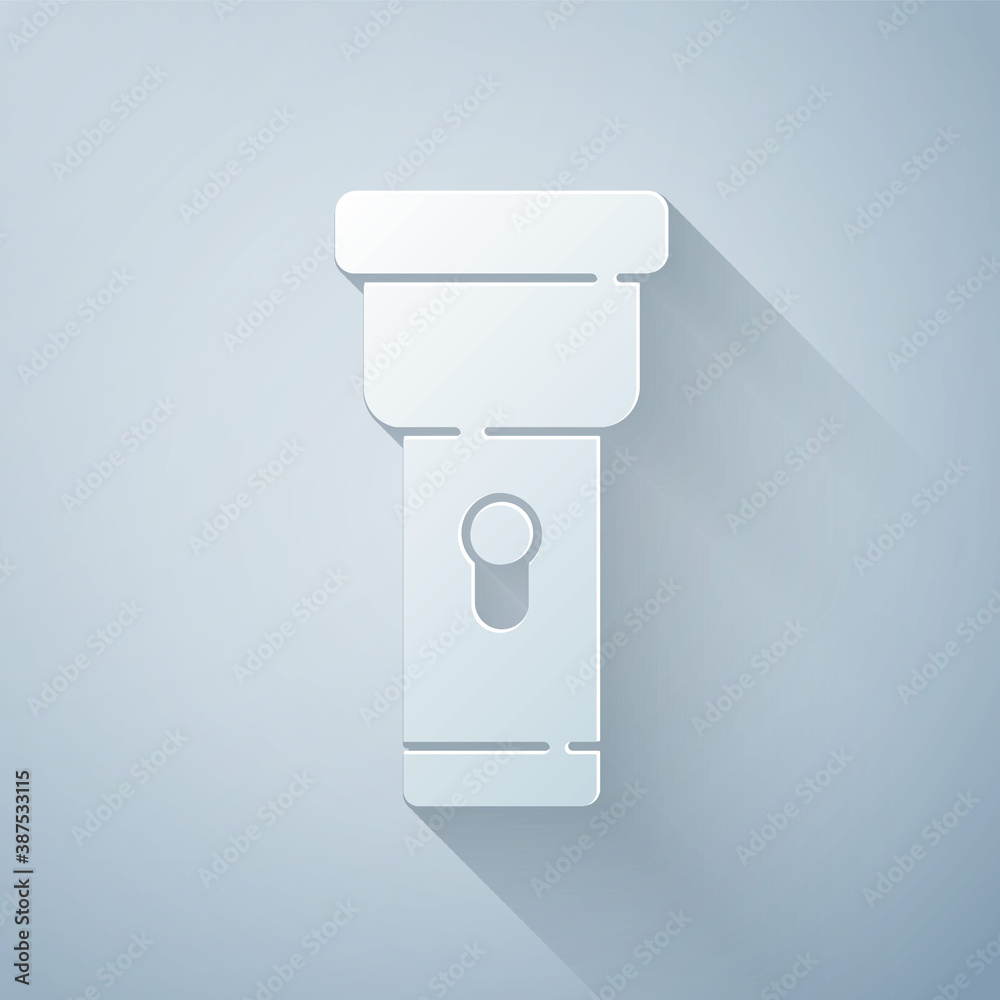 Paper cut Flashlight icon isolated on grey background. Paper art style. Vector.