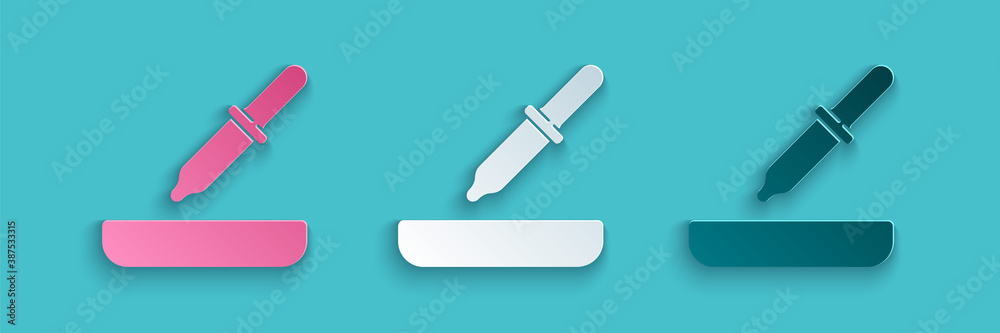 Paper cut Pipette icon isolated on blue background. Element of medical, cosmetic, chemistry lab equi