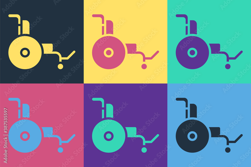 Pop art Wheelchair for disabled person icon isolated on color background. Vector.