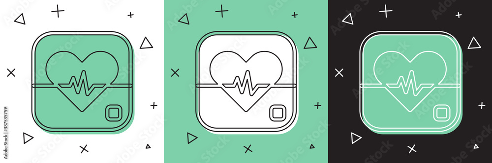 Set Heart rate icon isolated on white and green, black background. Heartbeat sign. Heart pulse icon.