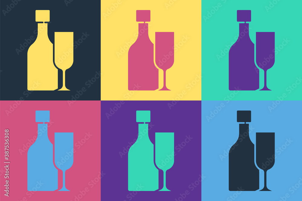 Pop art Wine bottle with glass icon isolated on color background. Vector.