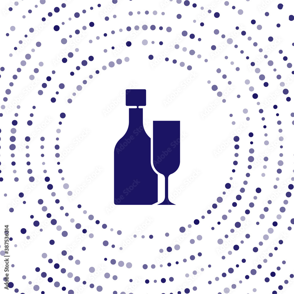 Blue Wine bottle with glass icon isolated on white background. Abstract circle random dots. Vector.