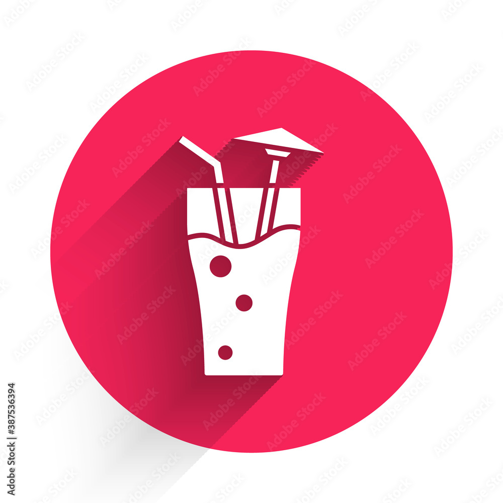 White Cocktail and alcohol drink with umbrella icon isolated with long shadow. Red circle button. Ve