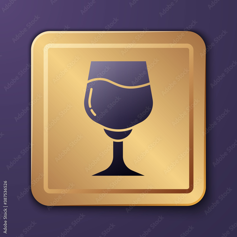 Purple Wine glass icon isolated on purple background. Wineglass sign. Gold square button. Vector.