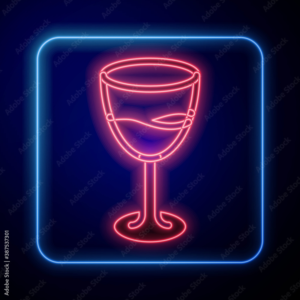 Glowing neon Wine glass icon isolated on blue background. Wineglass sign. Vector.