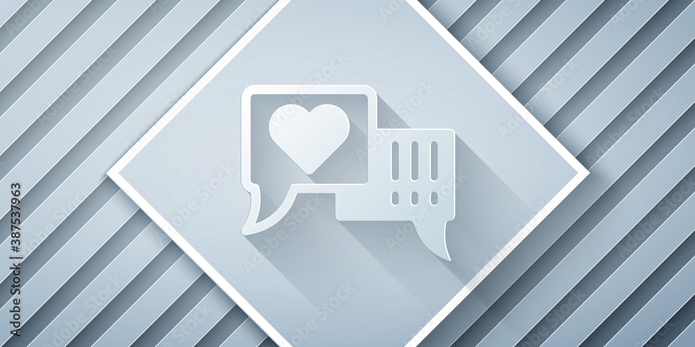 Paper cut Heart in speech bubble icon isolated on grey background. Paper art style. Vector.