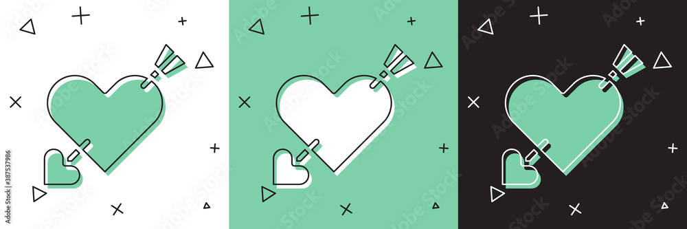 Set Amour symbol with heart and arrow icon isolated on white and green, black background. Love sign.