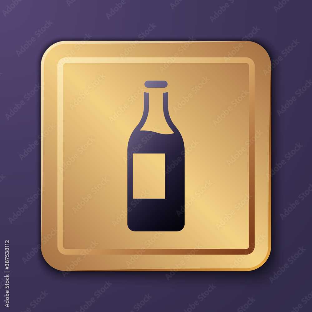 Purple Wine bottle icon isolated on purple background. Gold square button. Vector.