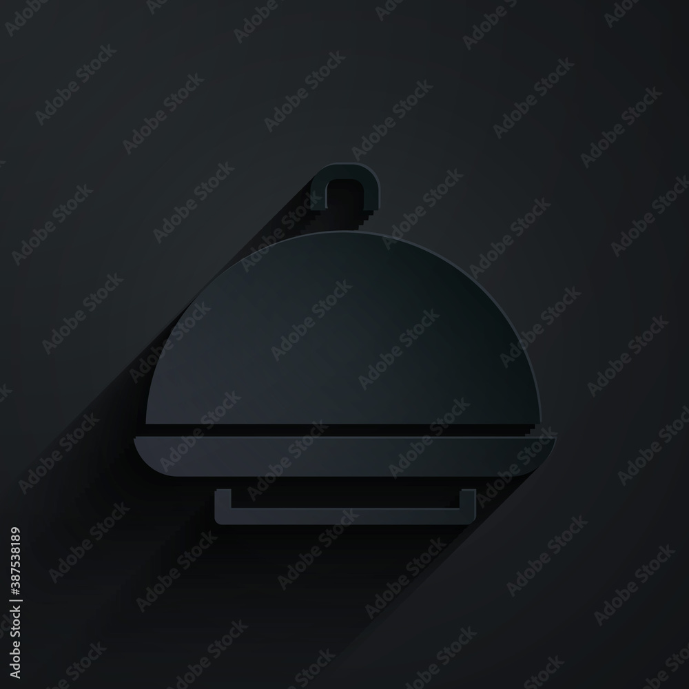 Paper cut Covered with a tray of food icon isolated on black background. Tray and lid sign. Restaura