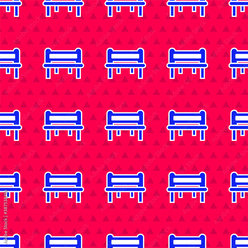 Blue Romantic bench icon isolated seamless pattern on red background. Vector.