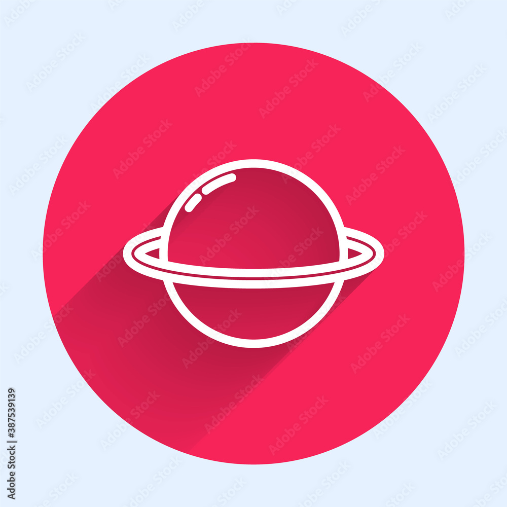 White line Planet Saturn with planetary ring system icon isolated with long shadow. Red circle butto