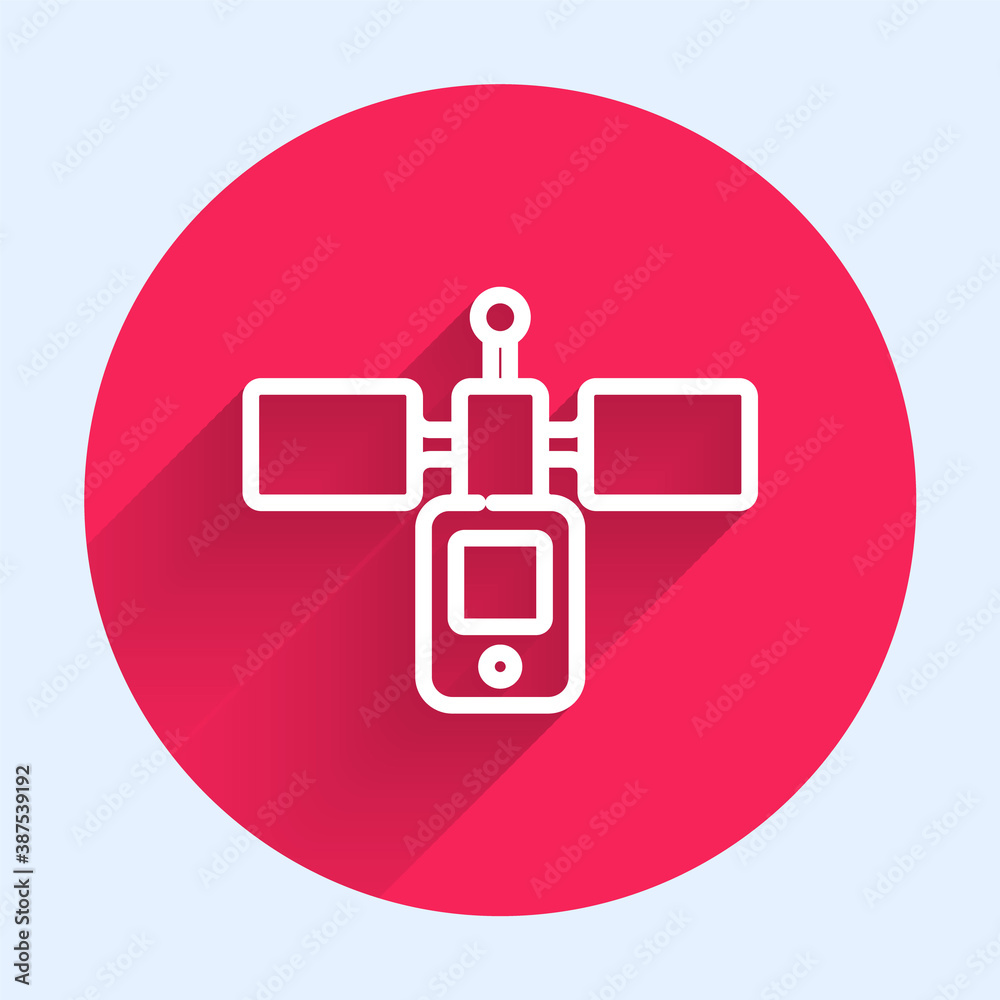 White line Satellite icon isolated with long shadow. Red circle button. Vector.