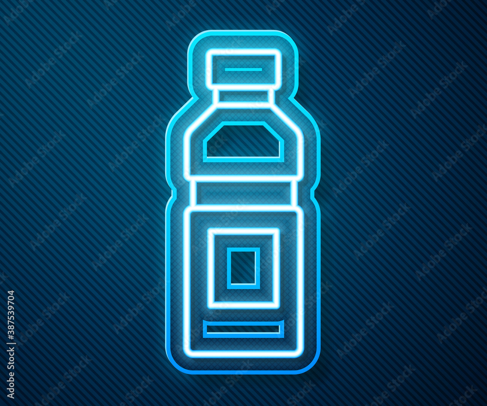 Glowing neon line Bottle of water icon isolated on blue background. Soda aqua drink sign. Vector.