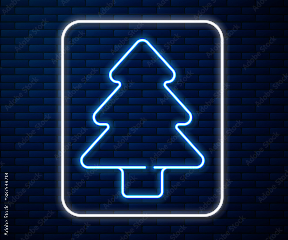 Glowing neon line Tree icon isolated on brick wall background. Forest symbol. Vector.