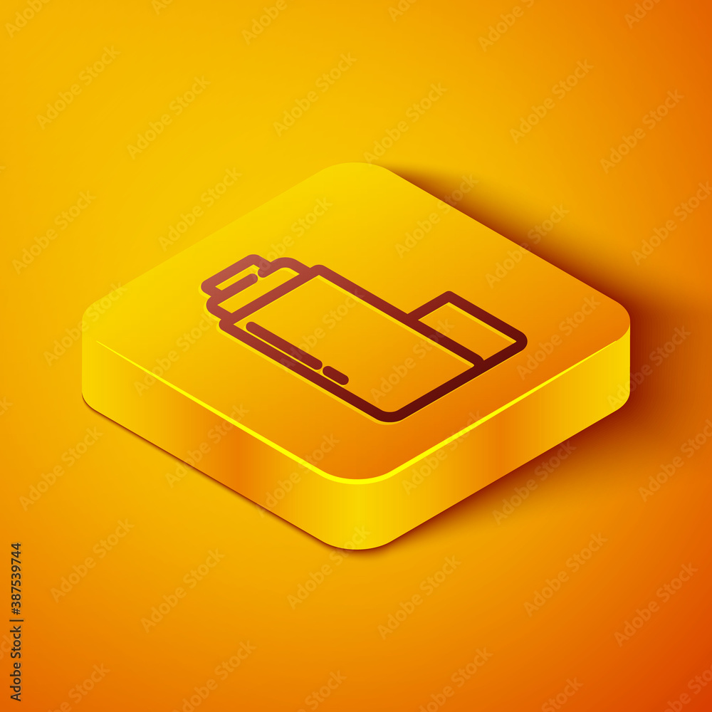 Isometric line Thermos container icon isolated on orange background. Thermo flask icon. Camping and 