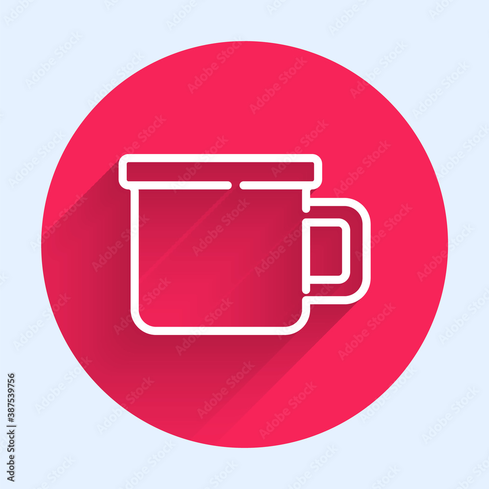 White line Camping metal mug icon isolated with long shadow. Red circle button. Vector.