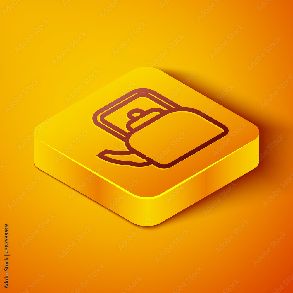 Isometric line Kettle with handle icon isolated on orange background. Teapot icon. Yellow square but