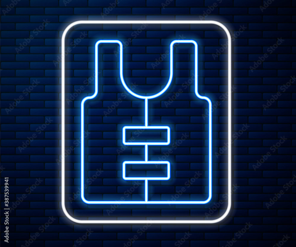 Glowing neon line Life jacket icon isolated on brick wall background. Life vest icon. Extreme sport.