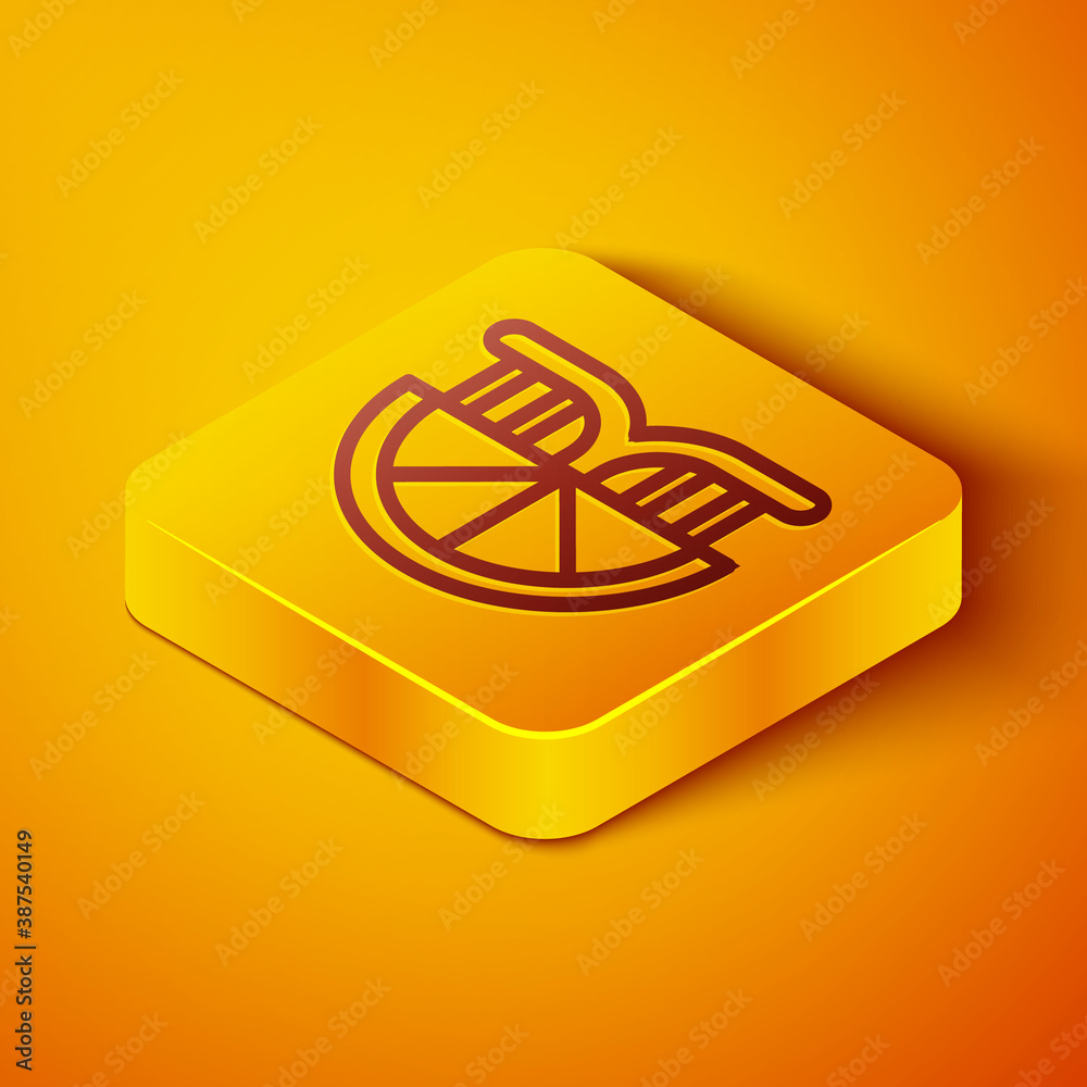 Isometric line Genetically modified citrus fruit icon isolated on orange background. Orange in a cut