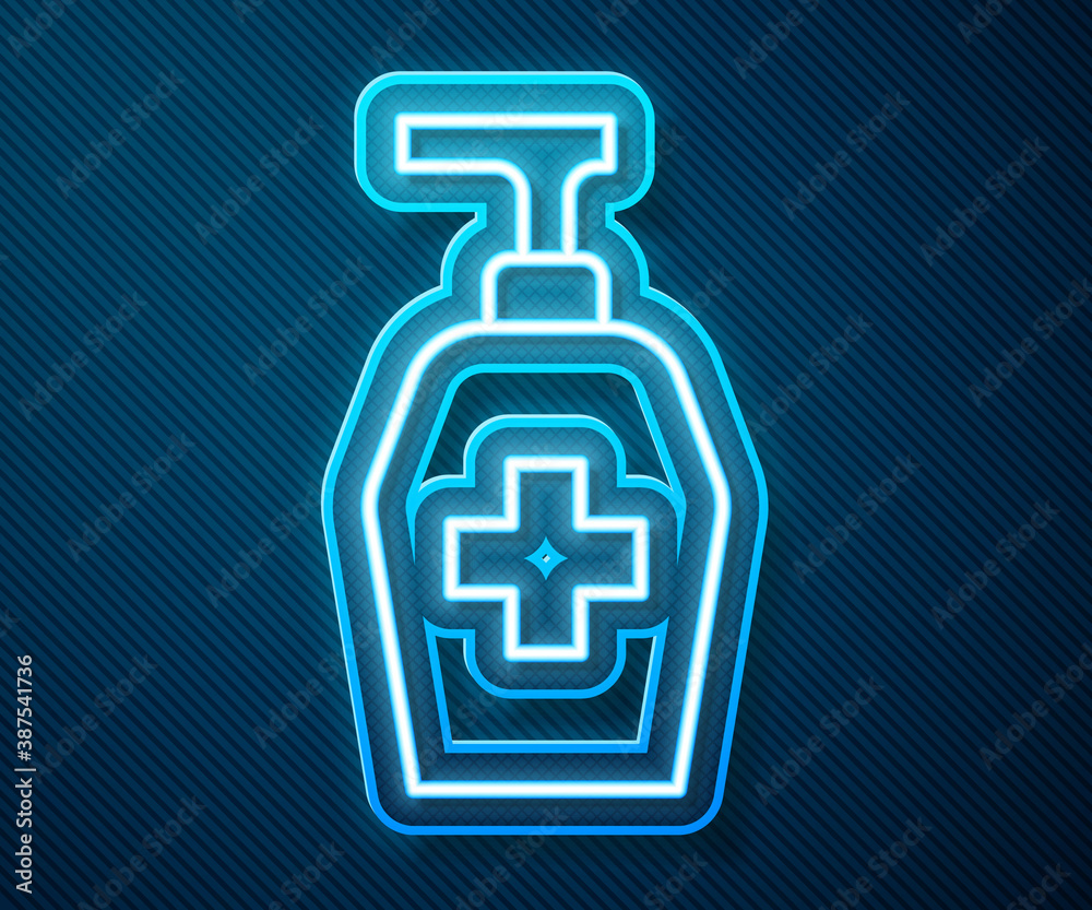 Glowing neon line Bottle of liquid antibacterial soap with dispenser icon isolated on blue backgroun