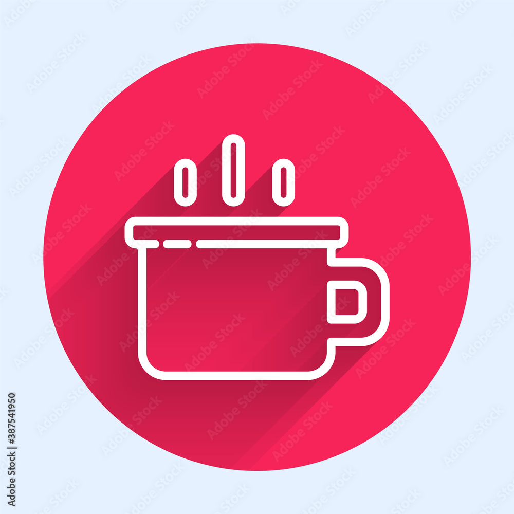 White line Coffee cup icon isolated with long shadow. Tea cup. Hot drink coffee. Red circle button. 