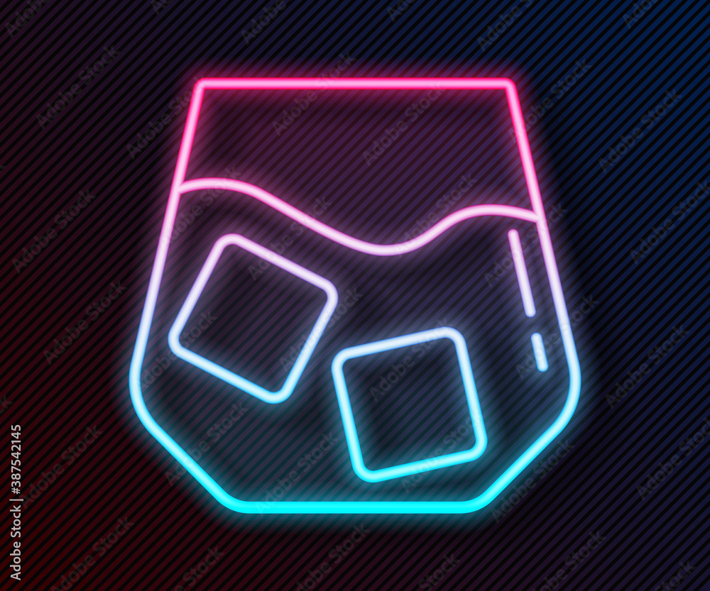 Glowing neon line Glass of whiskey and ice cubes icon isolated on black background. Vector.