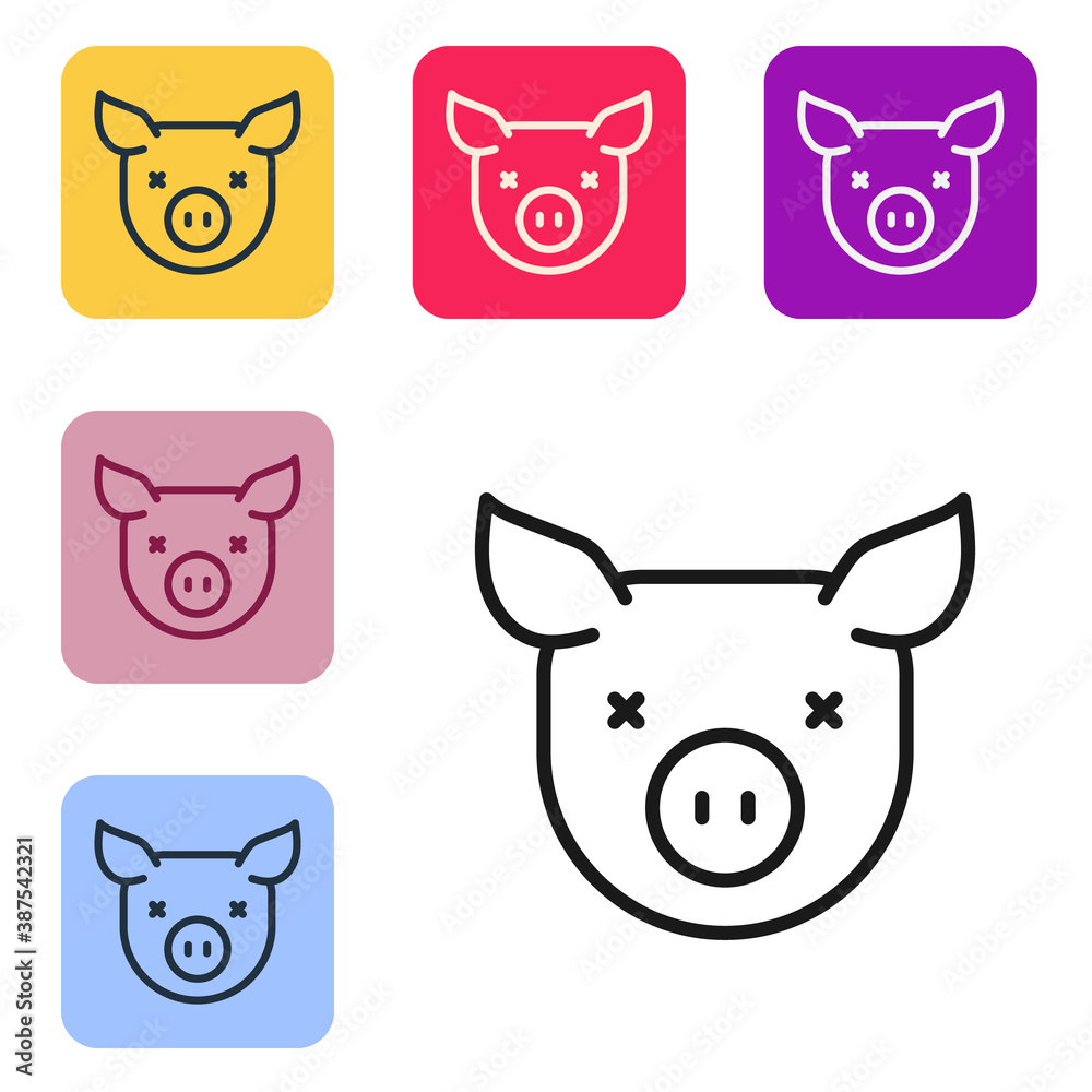 Black line Pig icon isolated on white background. Animal symbol. Set icons in color square buttons. 