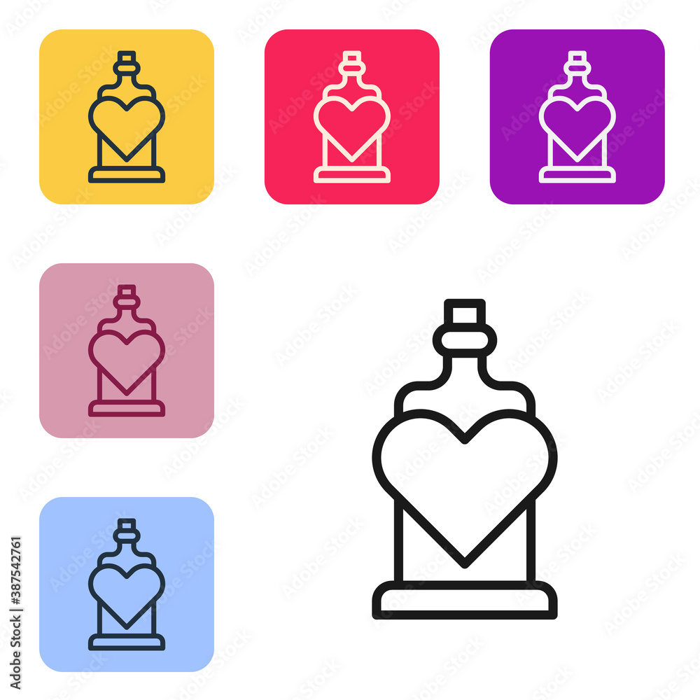 Black line Bottle with love potion icon isolated on white background. Valentines day symbol. Set ico