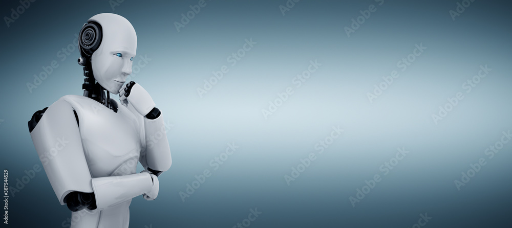 Thinking AI humanoid robot analyzing information data in concept of artificial intelligence by machi