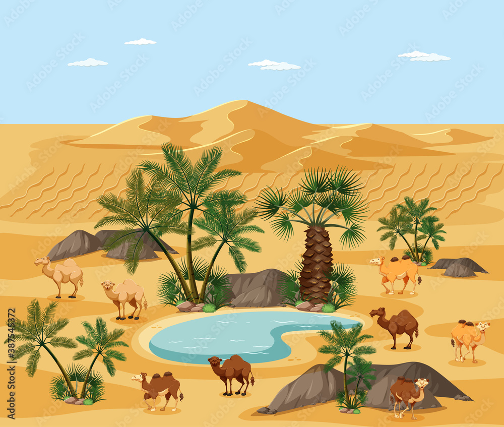 Desert oasis with palms nature landscape scene