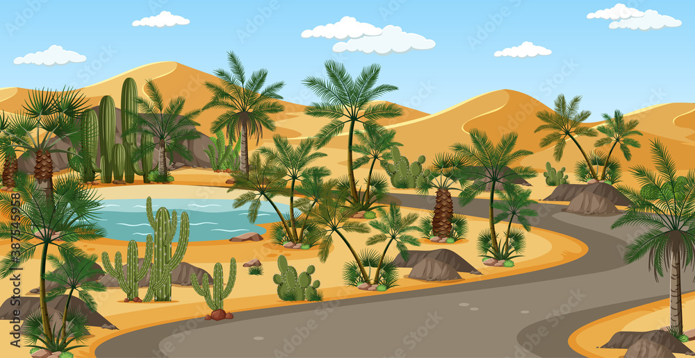 Desert oasis with palms and road nature landscape scene